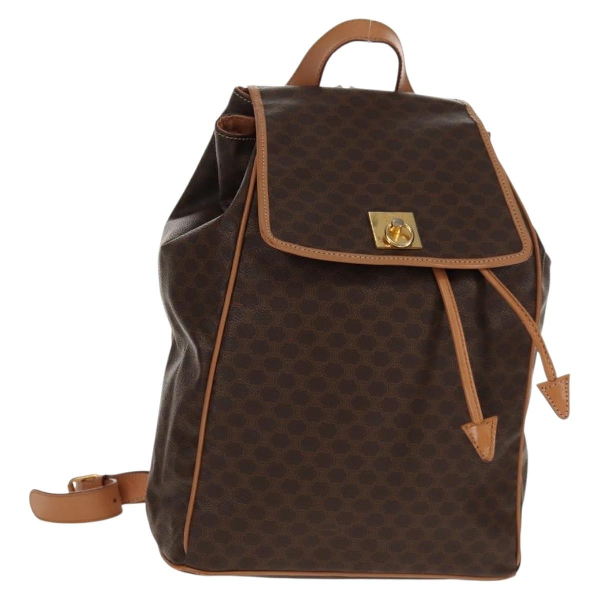 Celine Vintage Drawstring Flap Backpack Macadam Coated Canvas Brown Canvas Backpack Bag