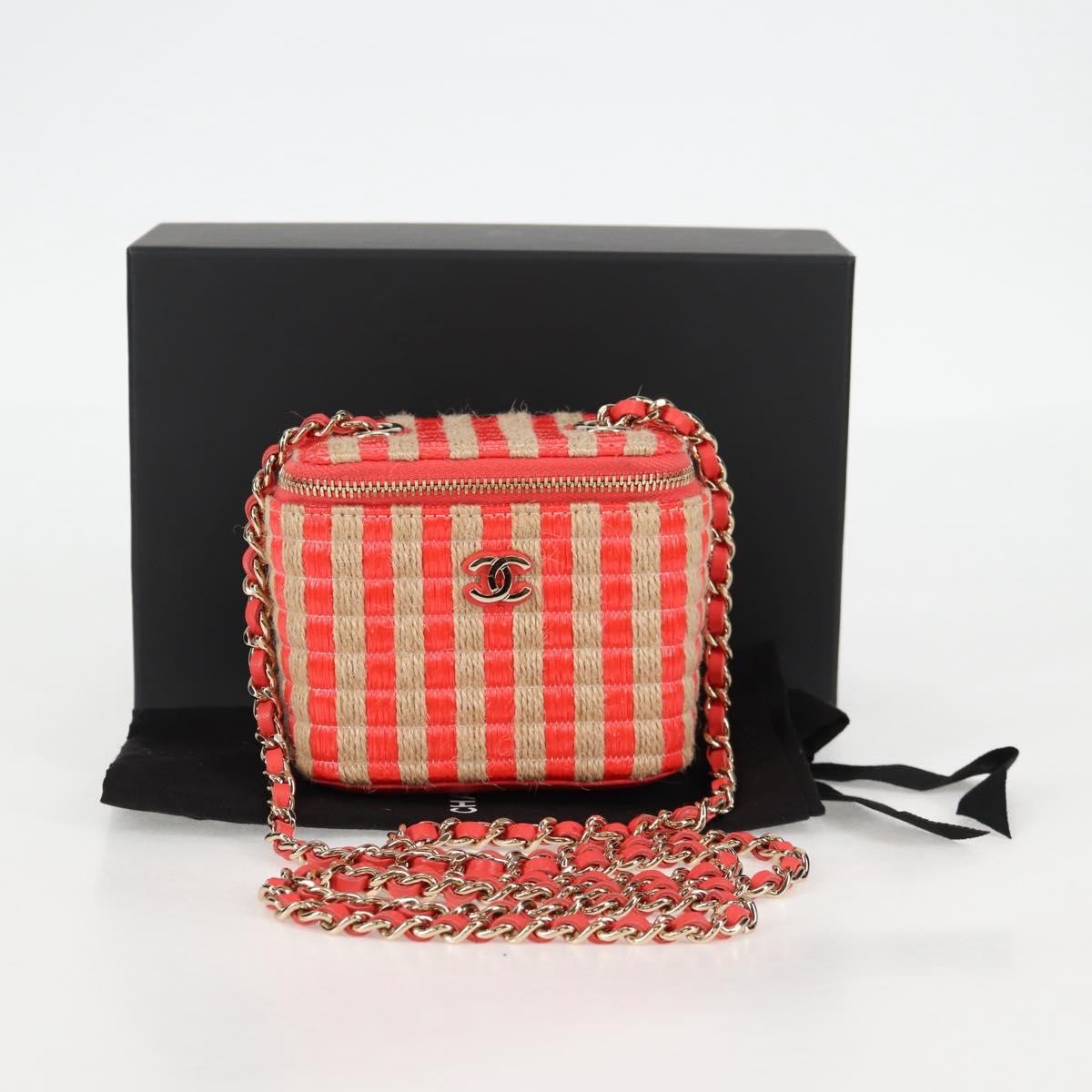 Chanel Classic Vanity Case With Chain Striped Raffia And Jute Red Canvas Shoulder Bag Bag