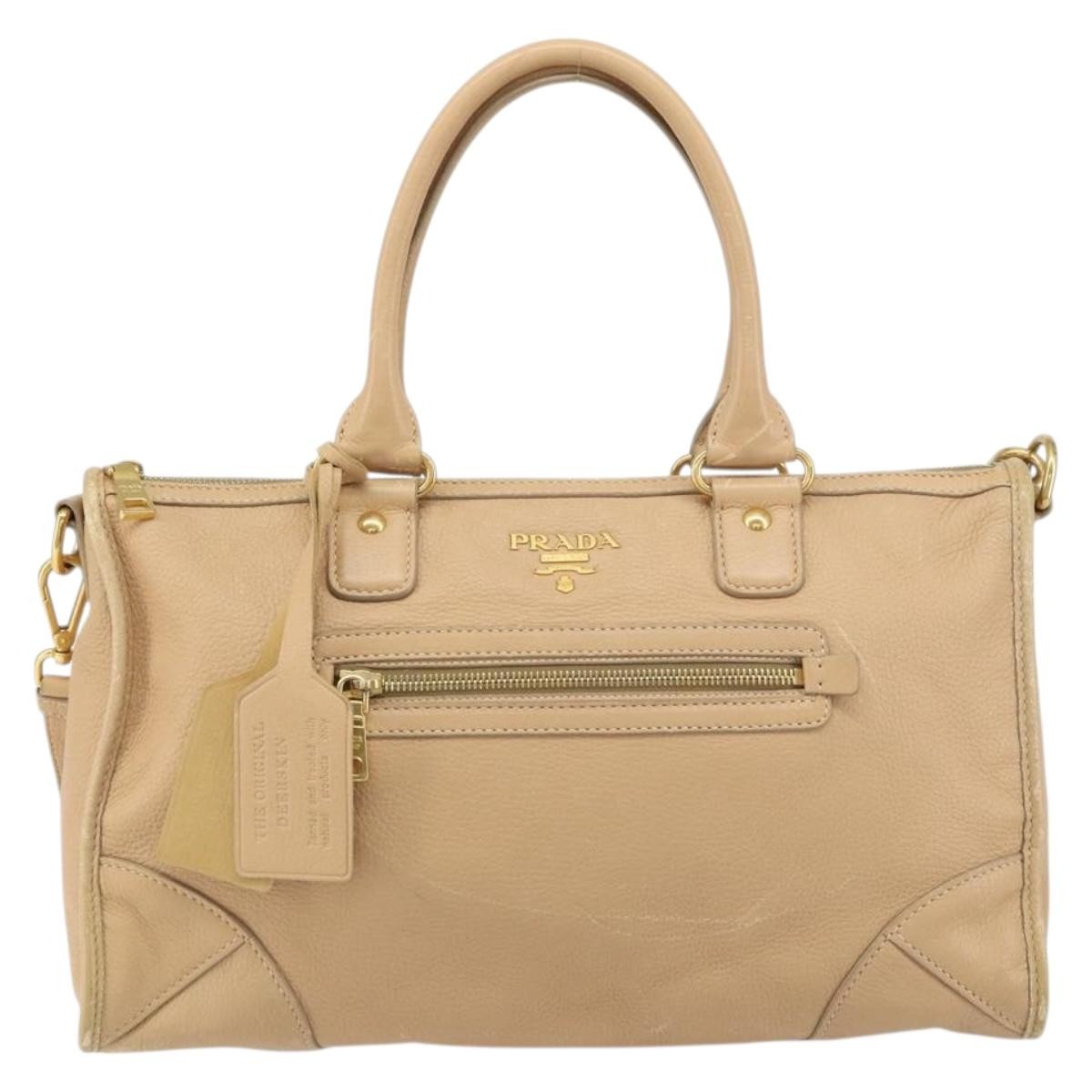Prada Front Zip Convertible Satchel Cervo Leather Beige Leather Handbag