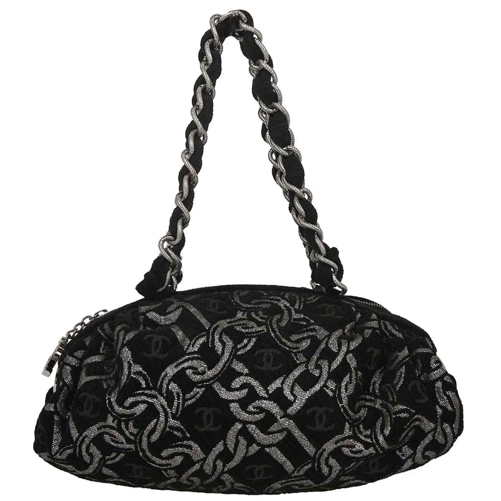 Chanel Vintage Zip Bowler Bag Printed Jacquard Black Cotton Shoulder Bag Bag
