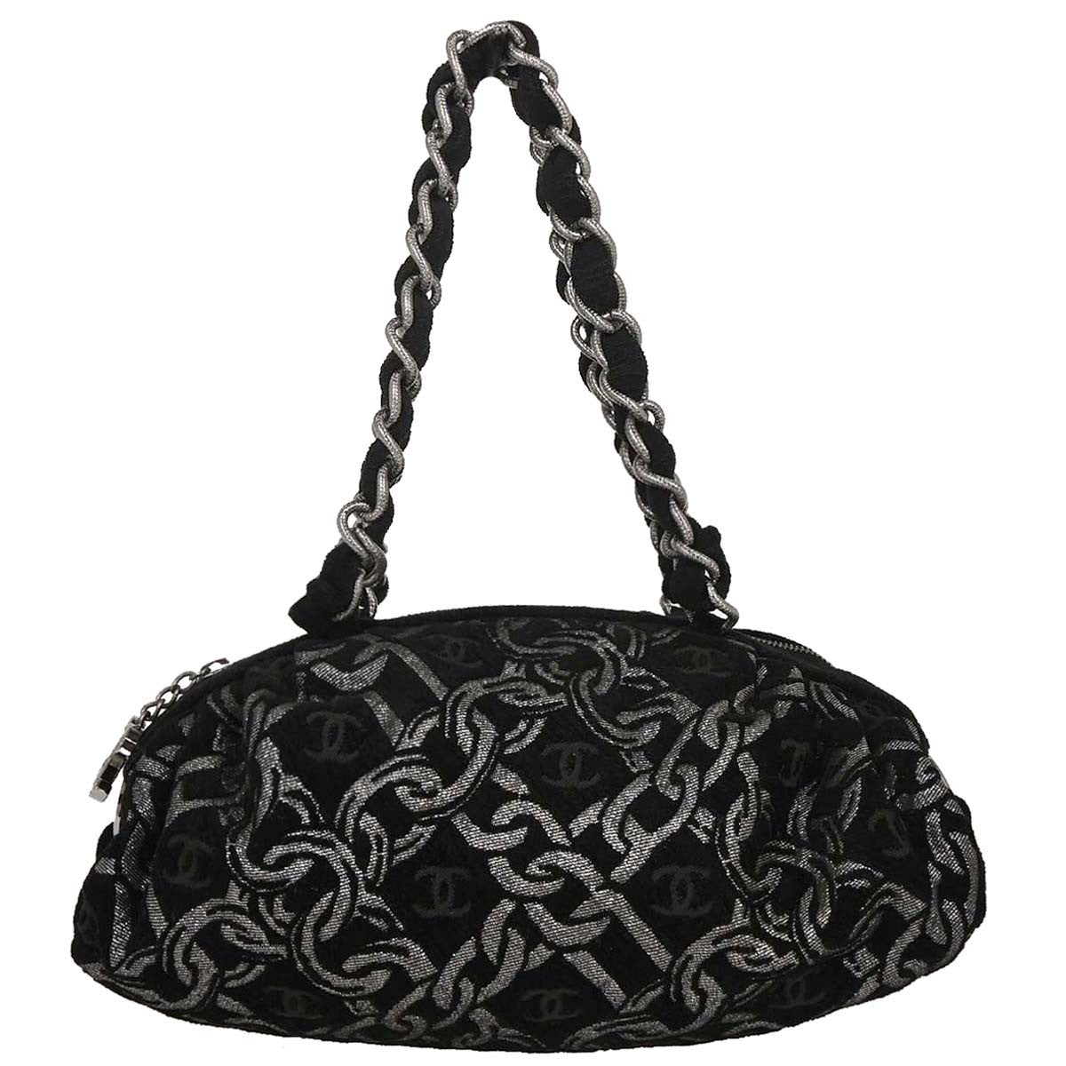 Chanel Vintage Zip Bowler Bag Printed Jacquard Black Cotton Shoulder Bag Bag