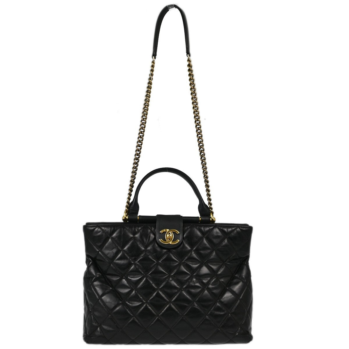 Chanel Gold Bar Tote Quilted Aged Calfskin Black Leather Tote Bag Bag
