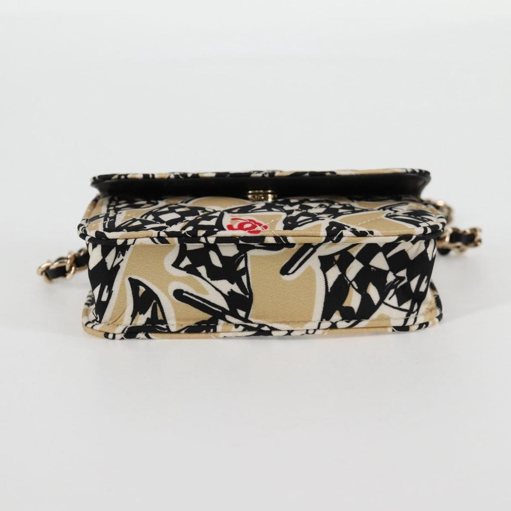 Chanel Flap Card Holder On Chain Quilted Printed Canvas Beige Nylon Shoulder Bag Bag