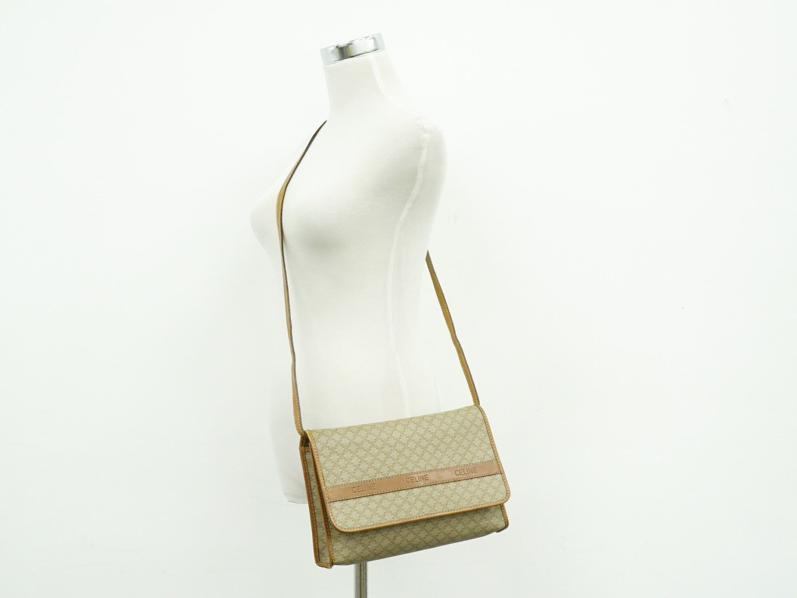 Celine Vintage Macadam Shoulder Bag Canvas Beige Canvas Shoulder Bag Bag
