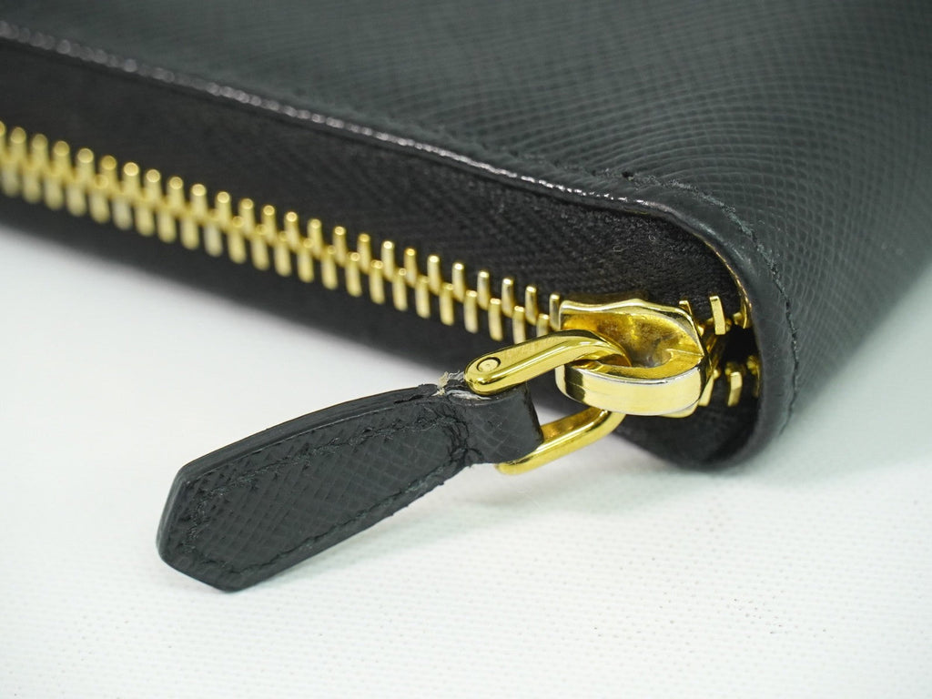 Prada Zip Around Tab Wallet Saffiano Leather Black Leather Wallets Accessory