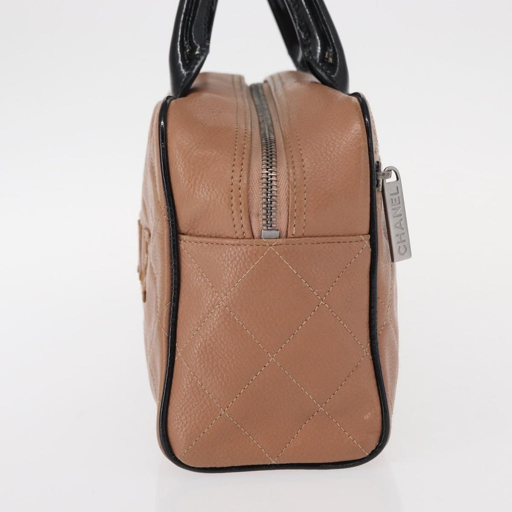 Chanel Embossed Logo Bowler Bag Quilted Caviar Beige Leather Handbag