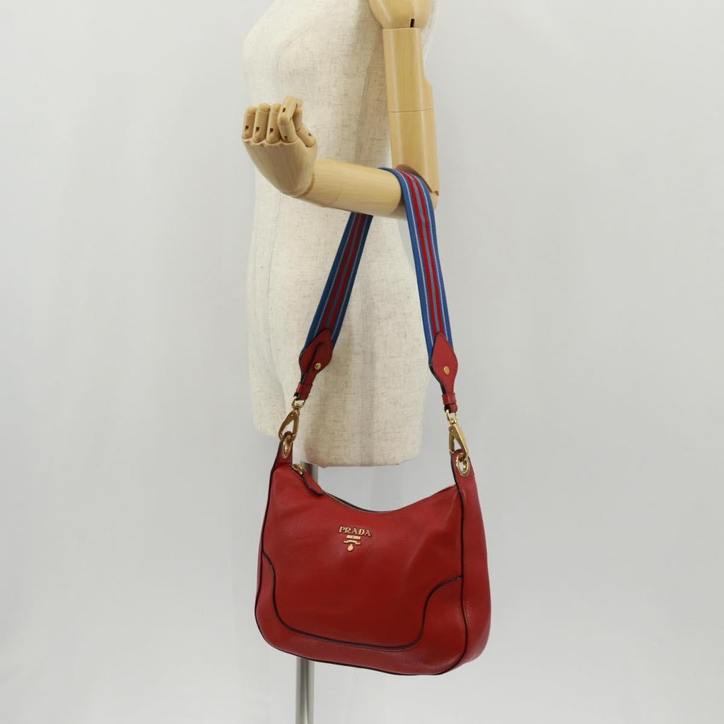 Prada Striped Strap Zip Hobo Vitello Daino Red Leather Shoulder Bag Bag