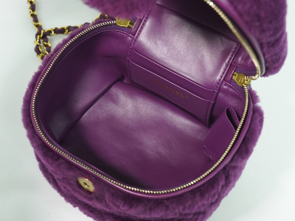 Chanel Coconing Top Handle Vanity Case With Chain Quilted Shearling Purple Faux_Fur Clutche & Pouche Bag