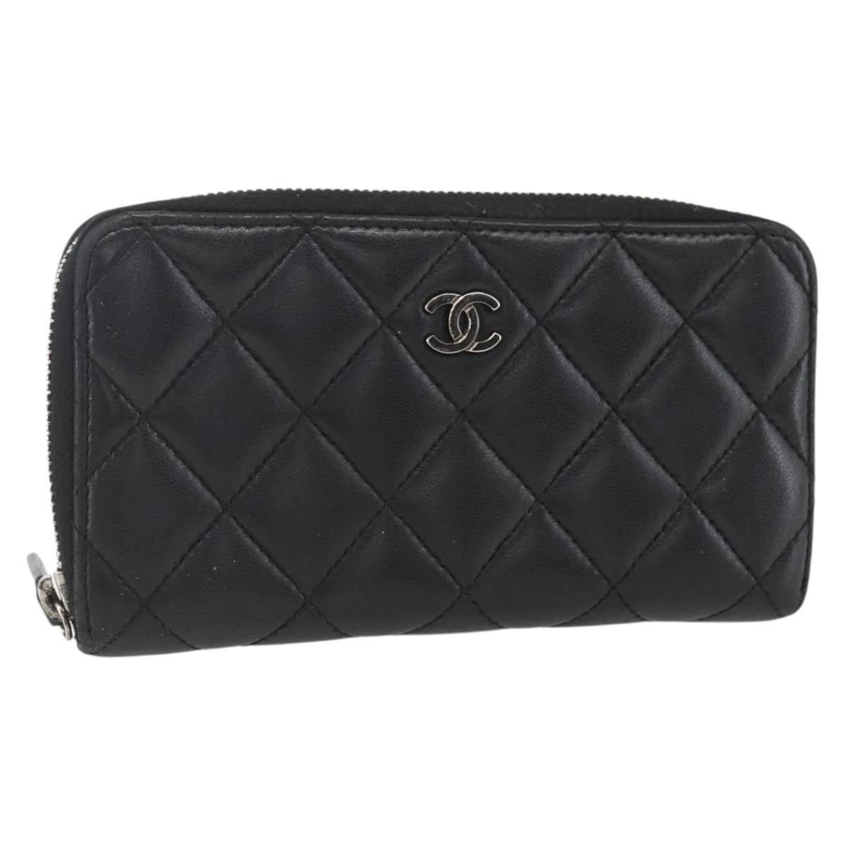 Chanel Zip Around Organizer Wallet Quilted Lambskin Black Leather Wallets Accessory