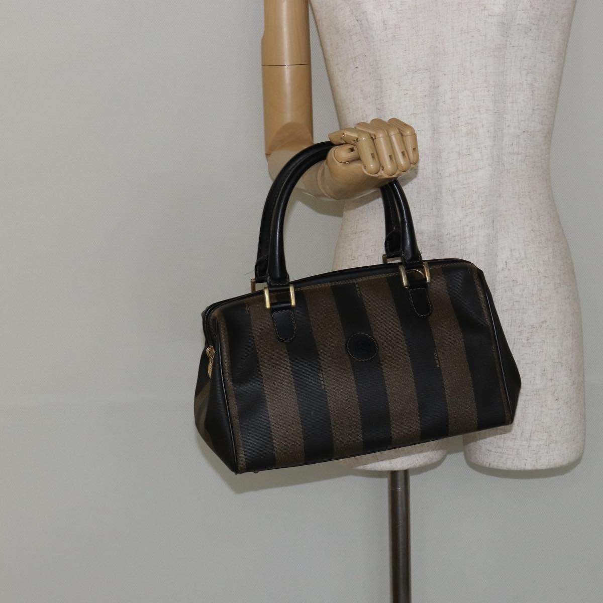 Fendi Vintage Pequin Boston Bag Coated Canvas Black Canvas Bag