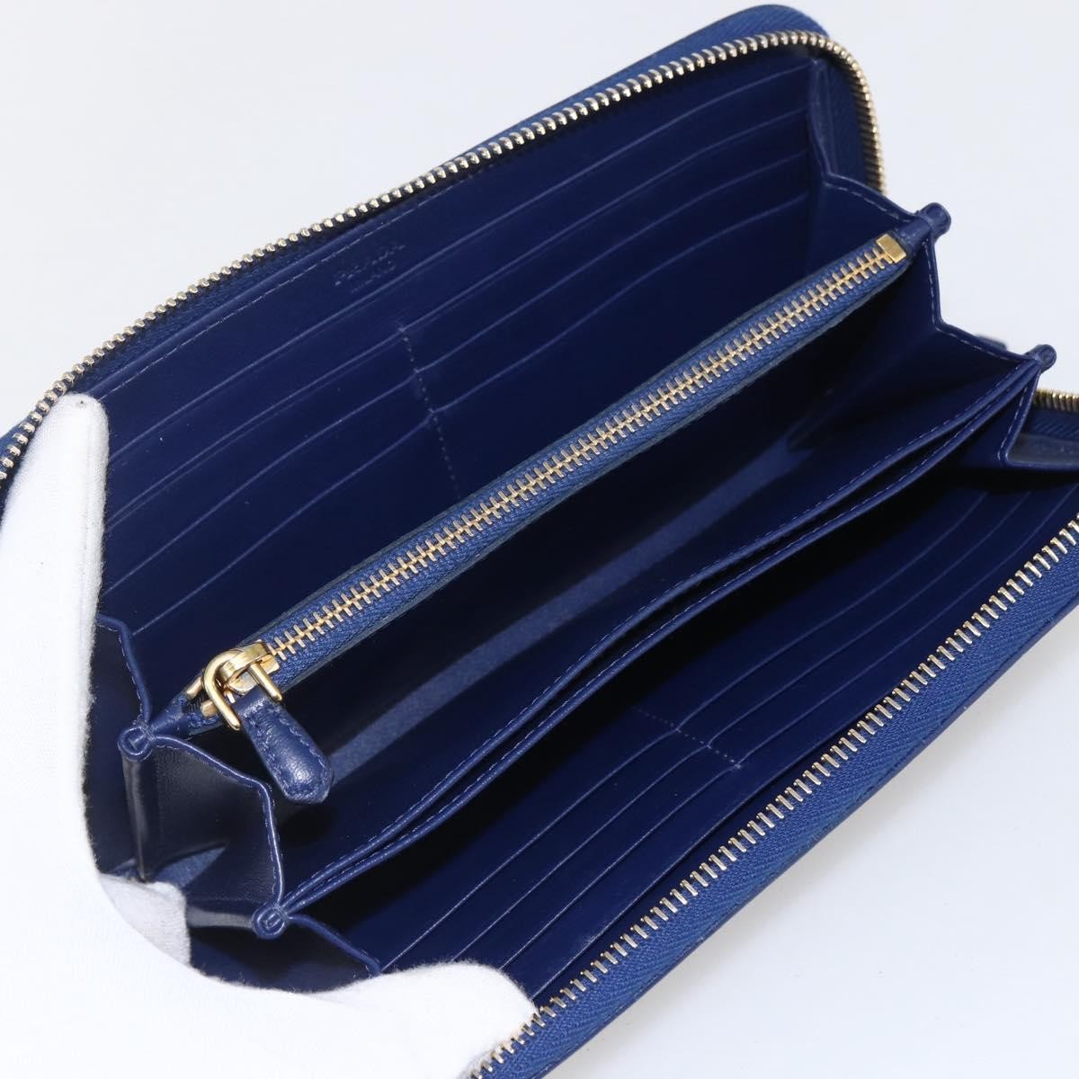 Prada Zip Around Organizer Wallet Saffiano Leather With Applique Blue Leather Wallets Accessory