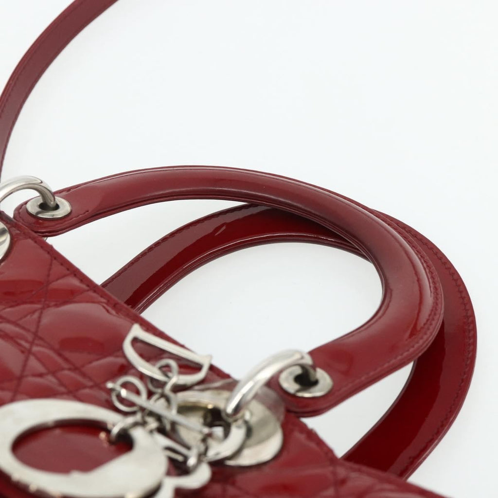 Christian Dior Lady Dior Bag Cannage Quilt Patent Red Patent_Leather Handbag (Pre-Owned)