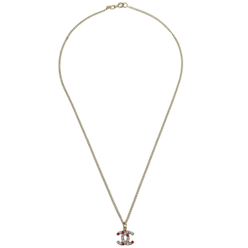 Chanel Cc Pendant Necklace Multicolor Crystal Embellished Metal Gold Gold_Plated Necklace Jewelry