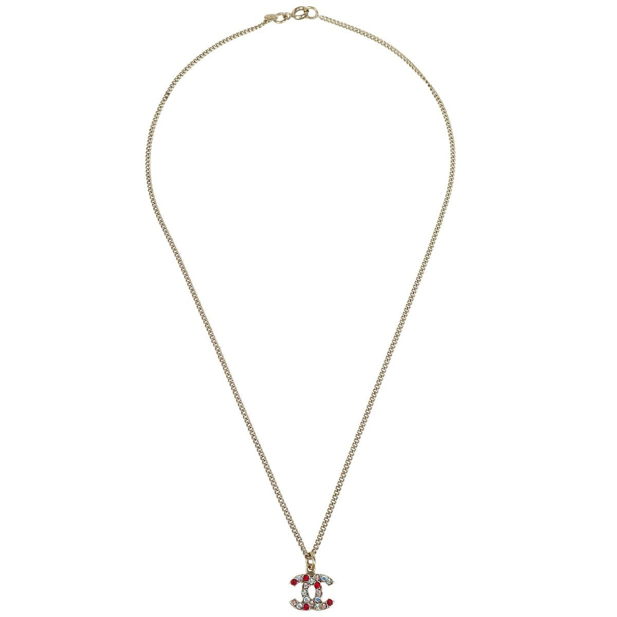 Chanel Cc Pendant Necklace Multicolor Crystal Embellished Metal Gold Gold_Plated Necklace Jewelry