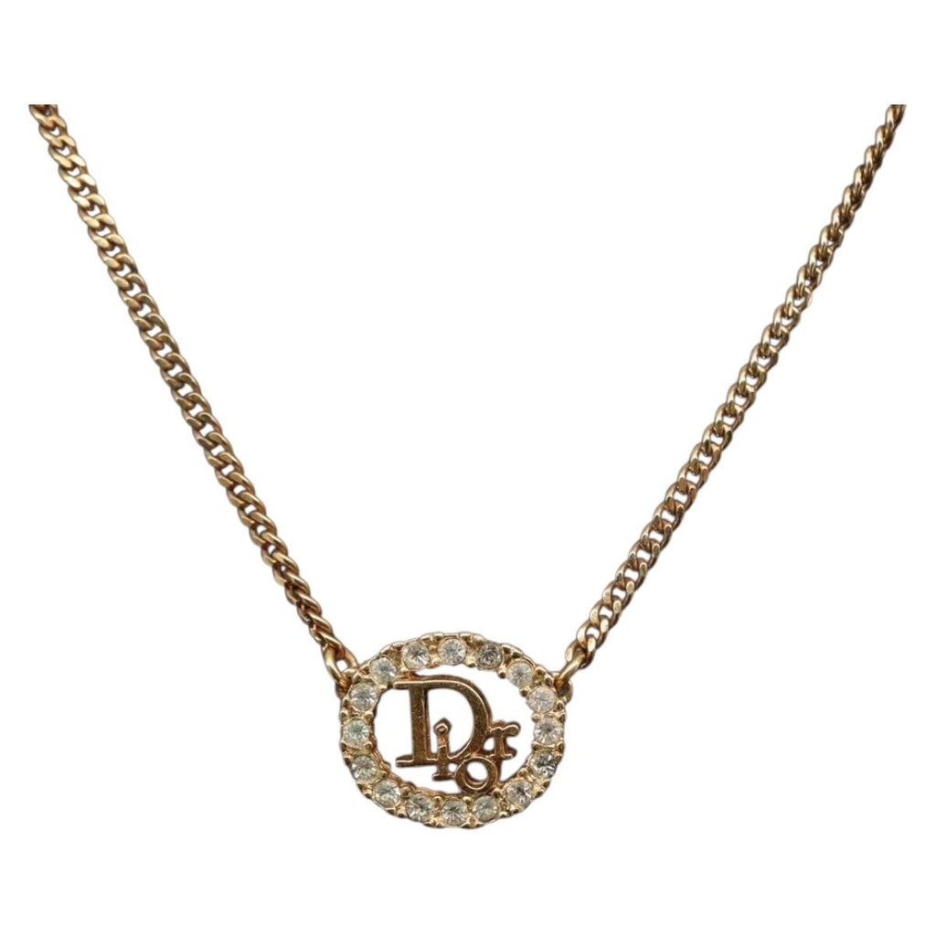 Christian Dior Vintage Logo Round Pendant Necklace Metal And Crystals Gold Metal Necklace Jewelry (Pre-Owned)