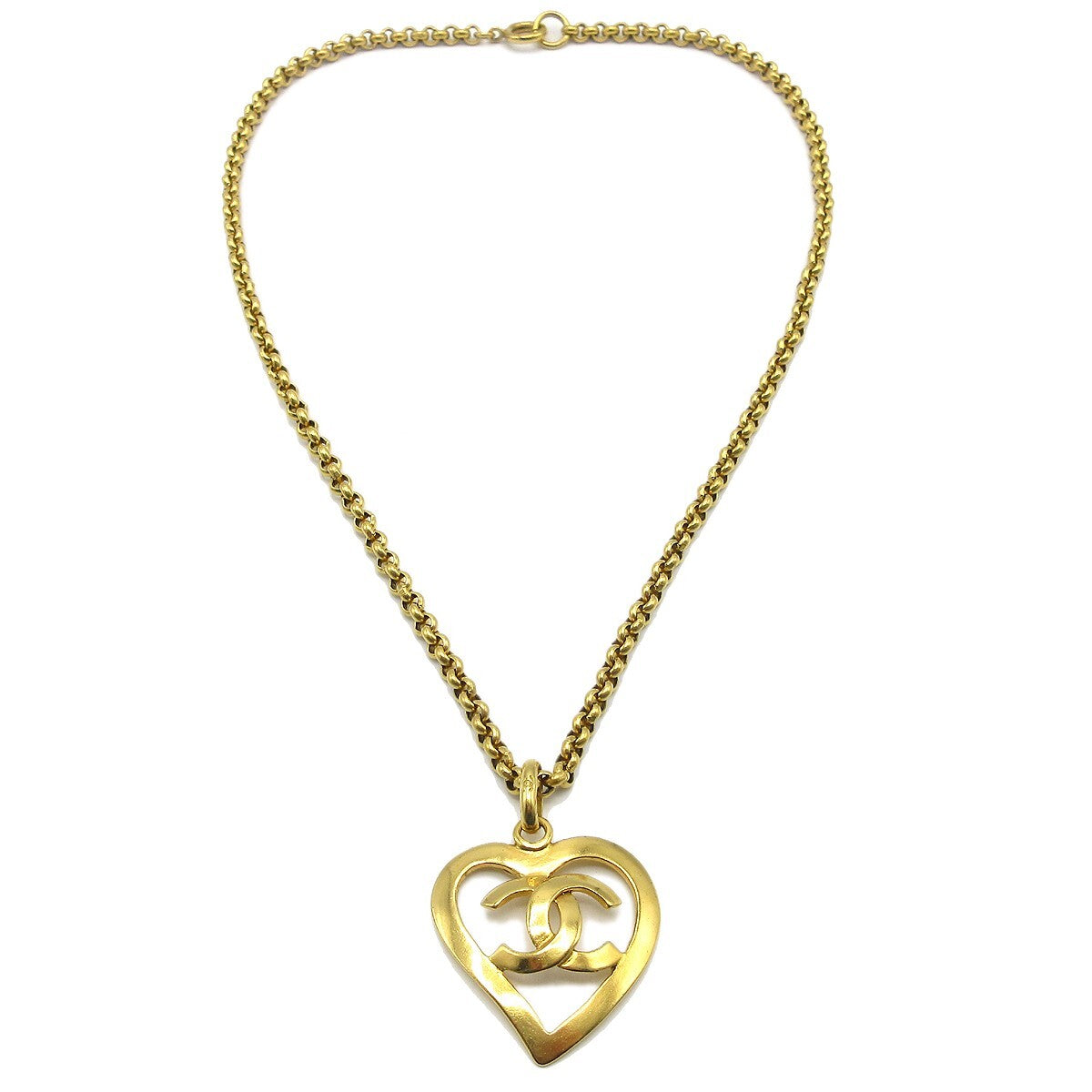 Chanel Cc Heart Pendant Necklace Metal Gold Gold_Plated Necklace Jewelry