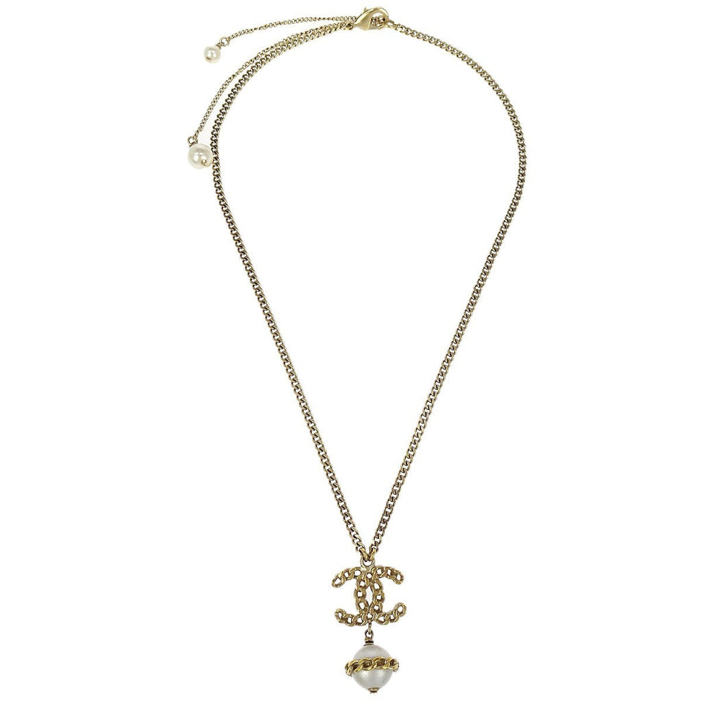 Chanel Cc Chain Necklace Metal With Faux Pearls Gold Gold_Plated Necklace Jewelry