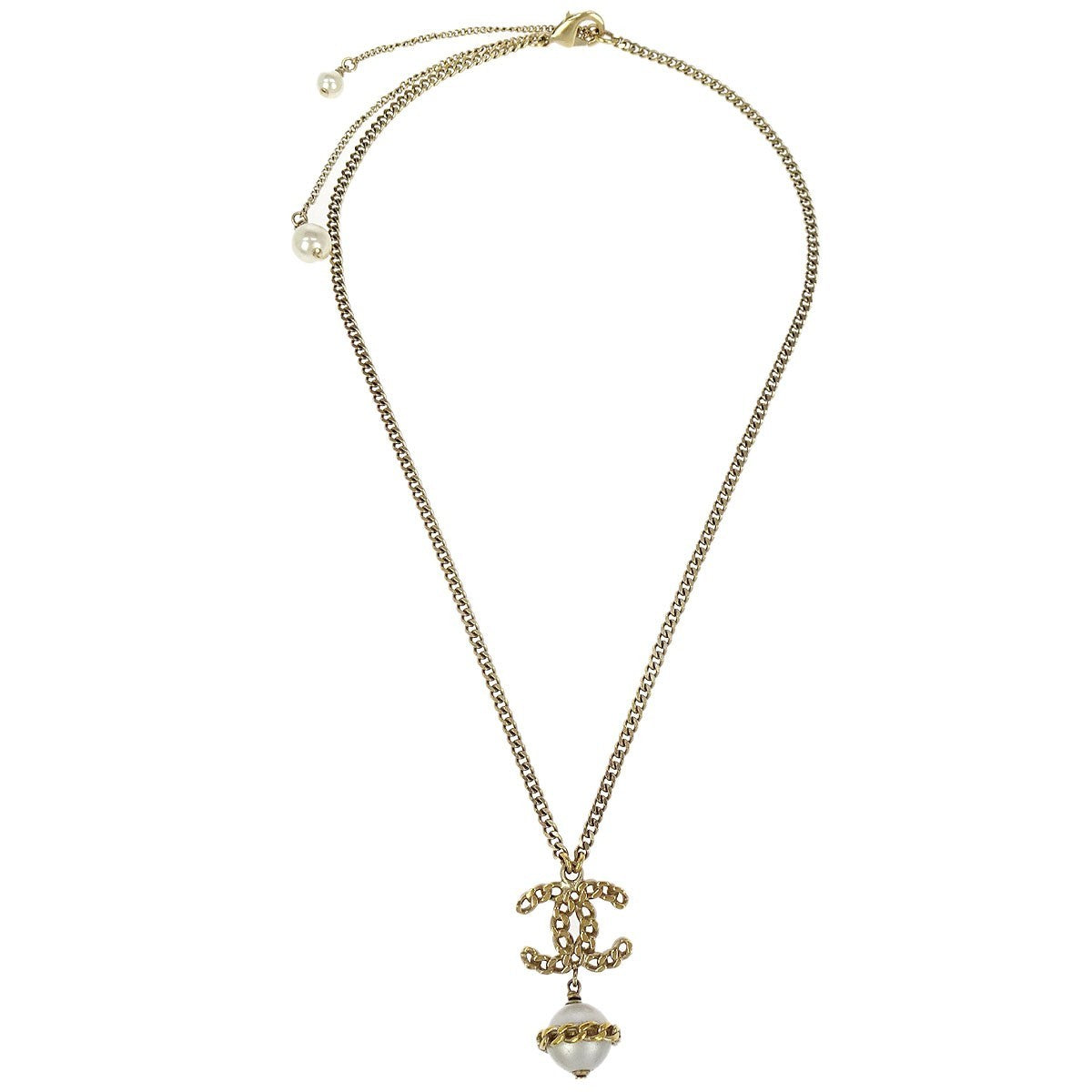 Chanel Cc Chain Necklace Metal With Faux Pearls Gold Gold_Plated Necklace Jewelry