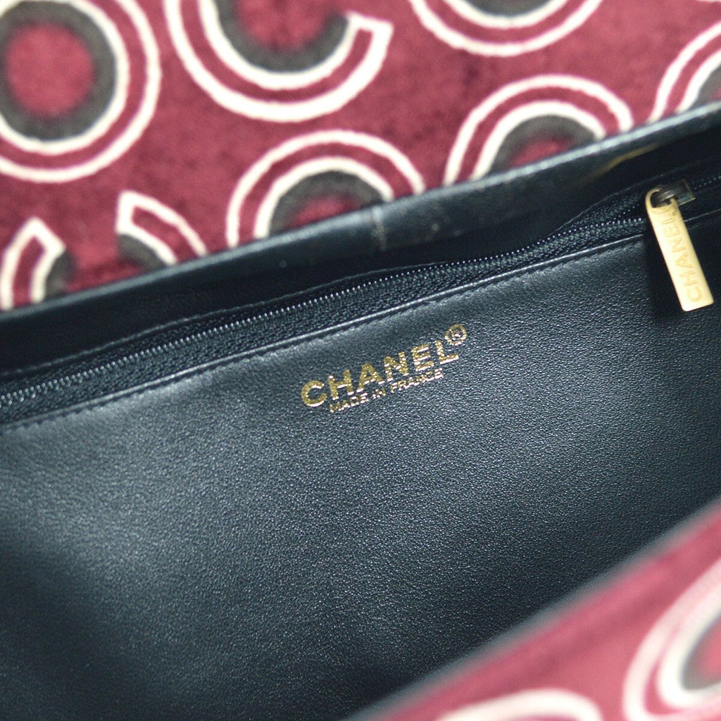 Chanel Cc Top Handle Bag Coco Print Velvet Burgundy Velvet Handbag