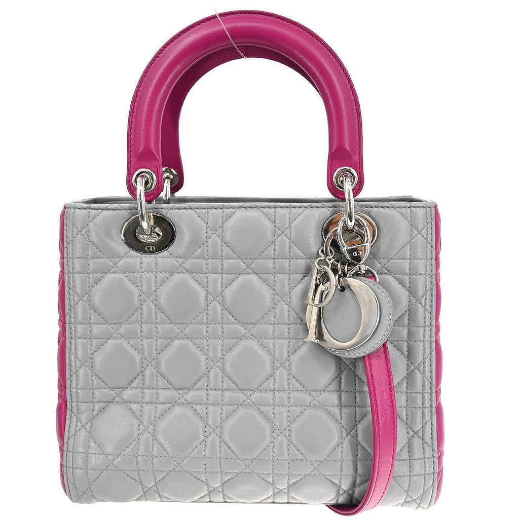 Christian Dior Lady Dior Bag Cannage Quilt Lambskin Gray Leather Handbag (Pre-Owned)