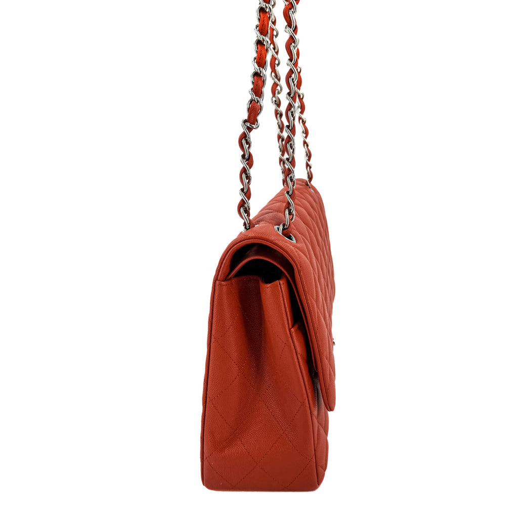 Classic Double Flap Jumbo Caviar Leather Chain Bag Orange