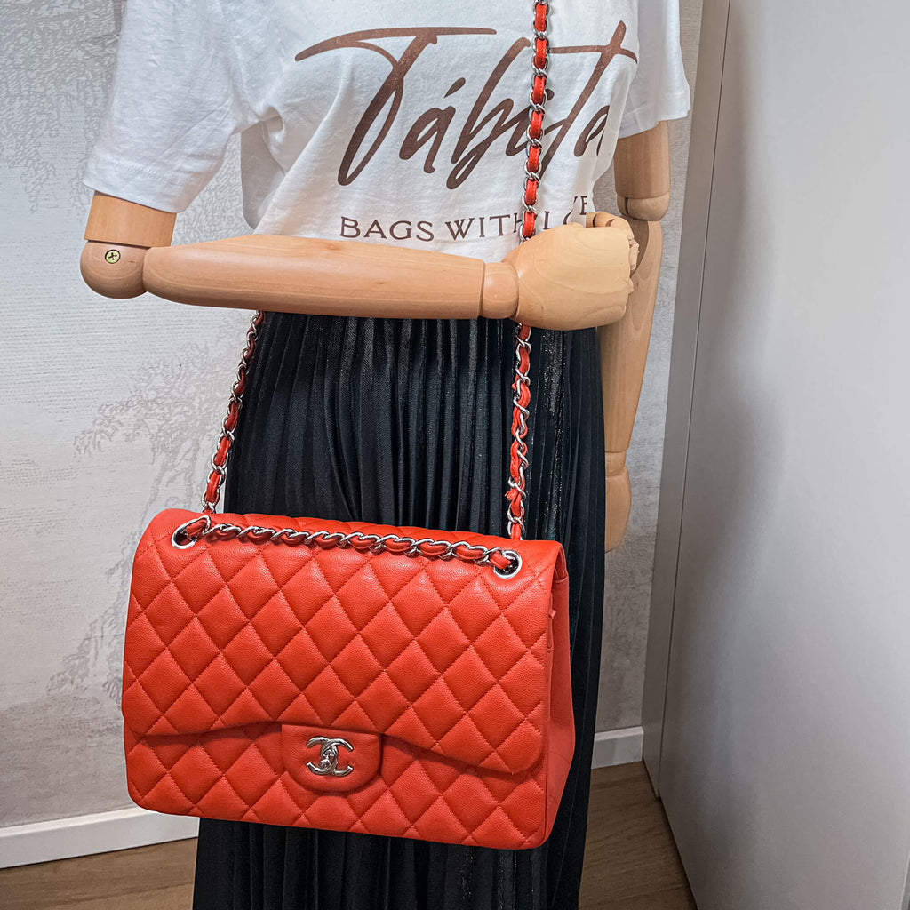 Classic Double Flap Jumbo Caviar Leather Chain Bag Orange