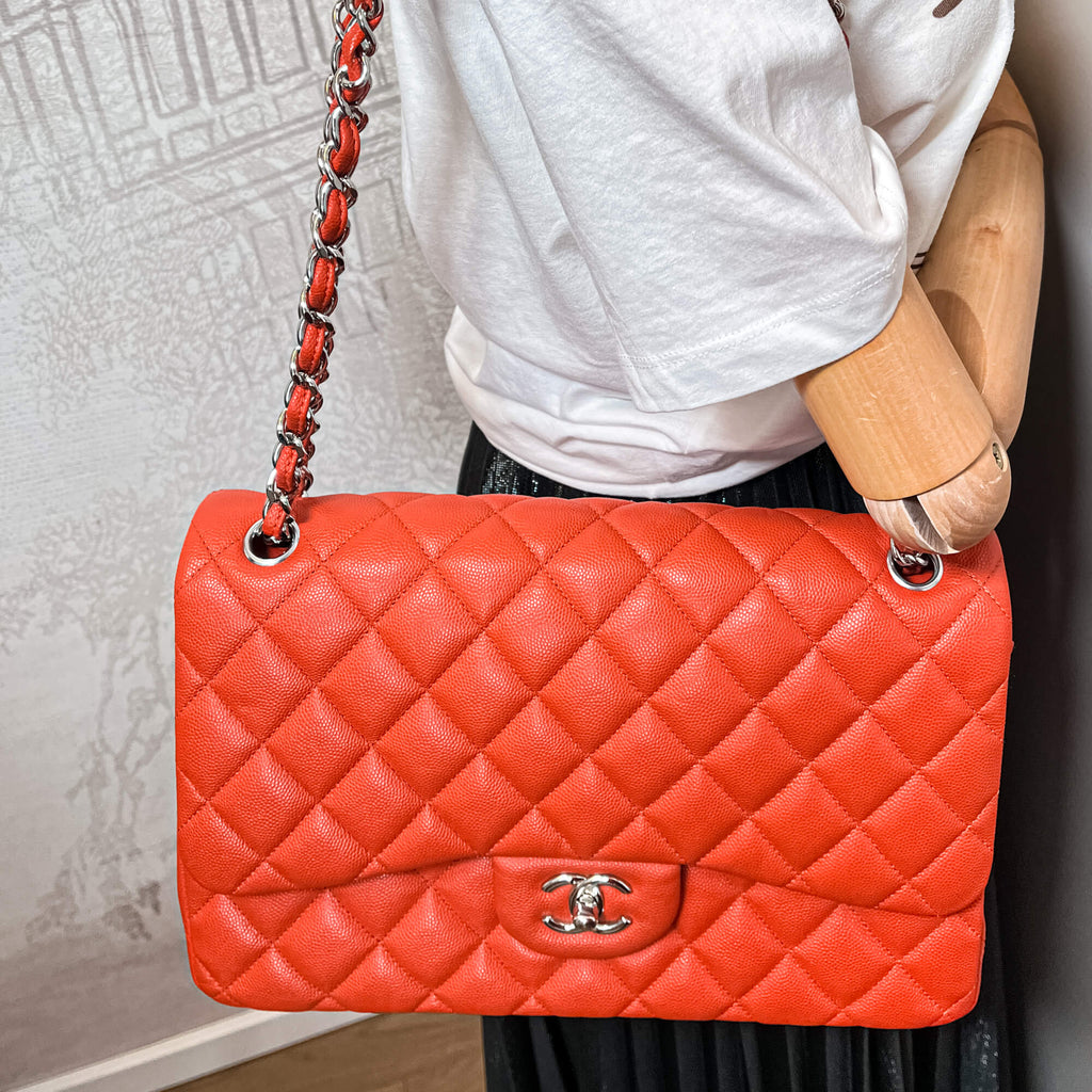Classic Double Flap Jumbo Caviar Leather Chain Bag Orange