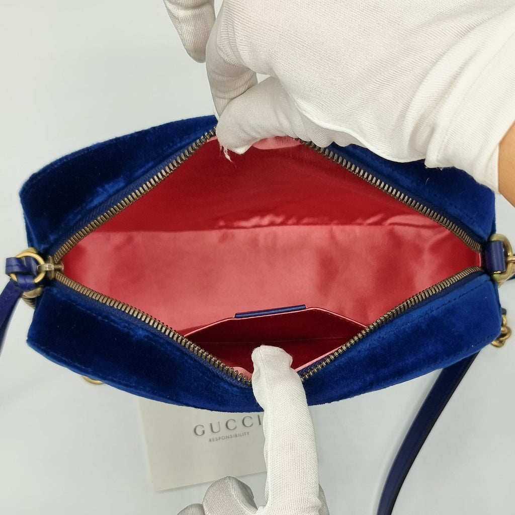 GG Marmont Blue Suede Small Matelassé Shoulder Bag