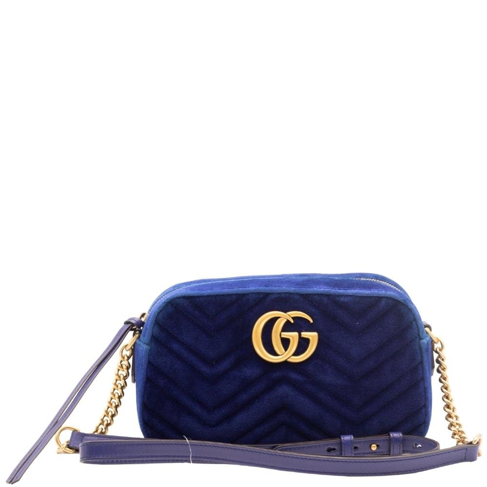 GG Marmont Blue Suede Small Matelassé Shoulder Bag