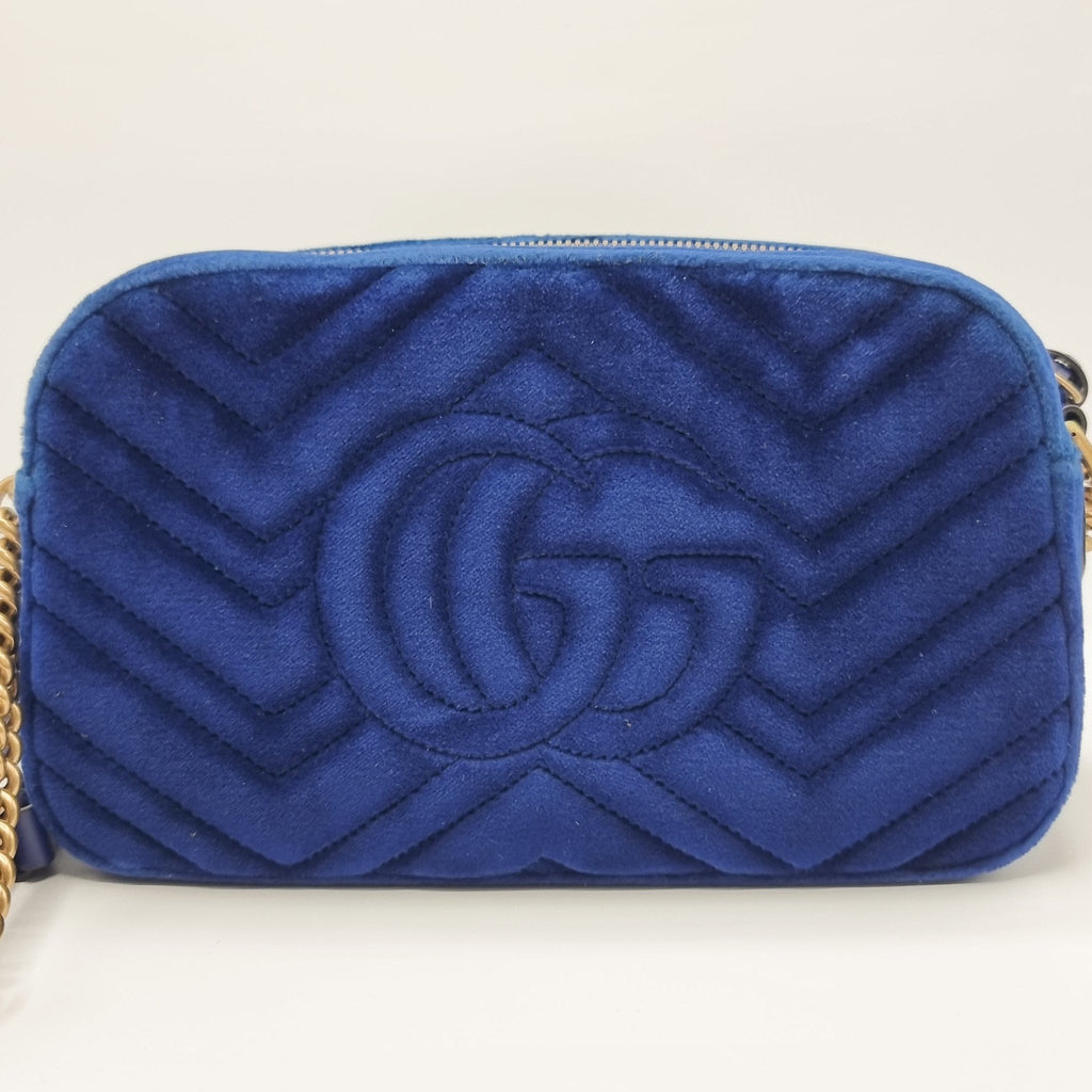 GG Marmont Blue Suede Small Matelassé Shoulder Bag