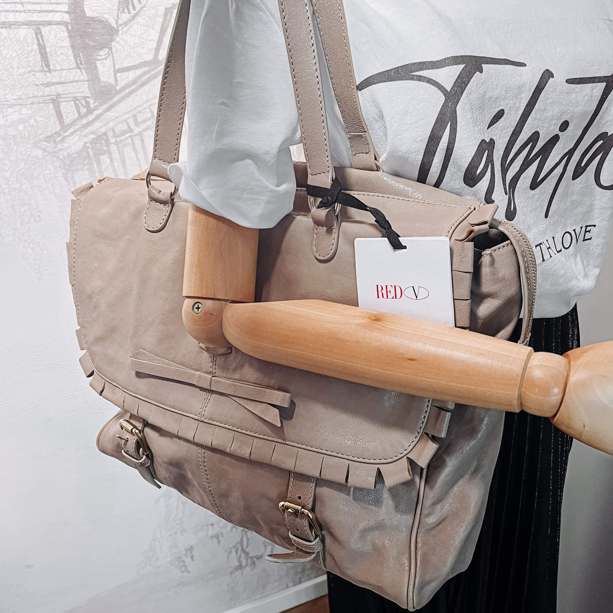Shoulder Bag Beige Leather