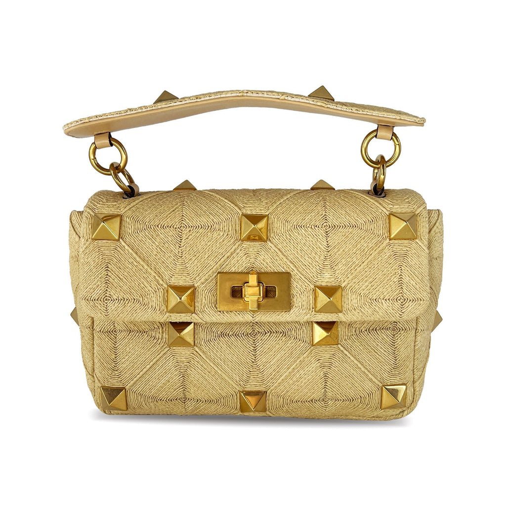 Valentino Roman stud medium faux raffia shoulder bag