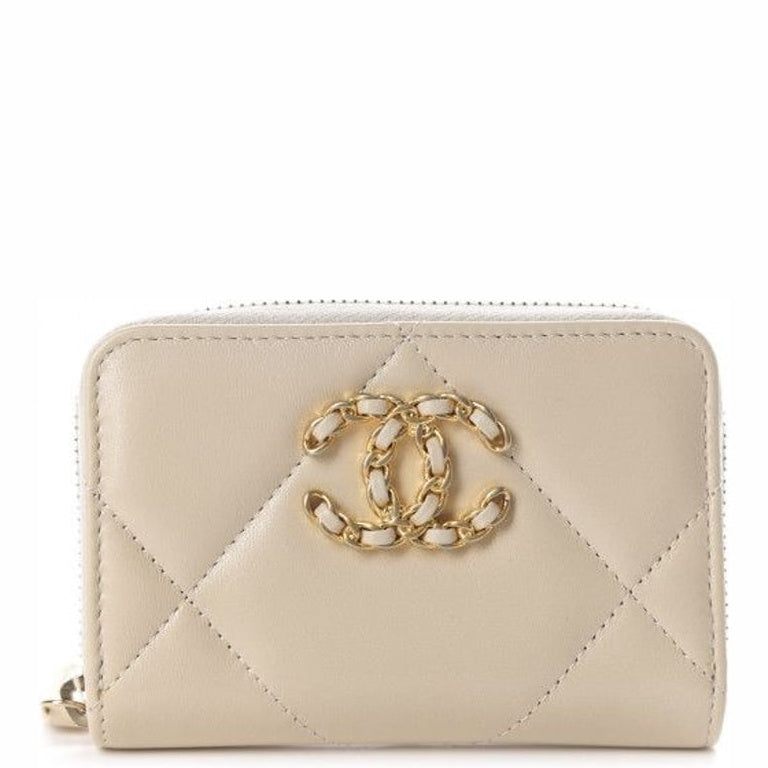 Chanel CHL 19 CARD HOLDER WITH ZIPPER LEATHER CREAM WALLET