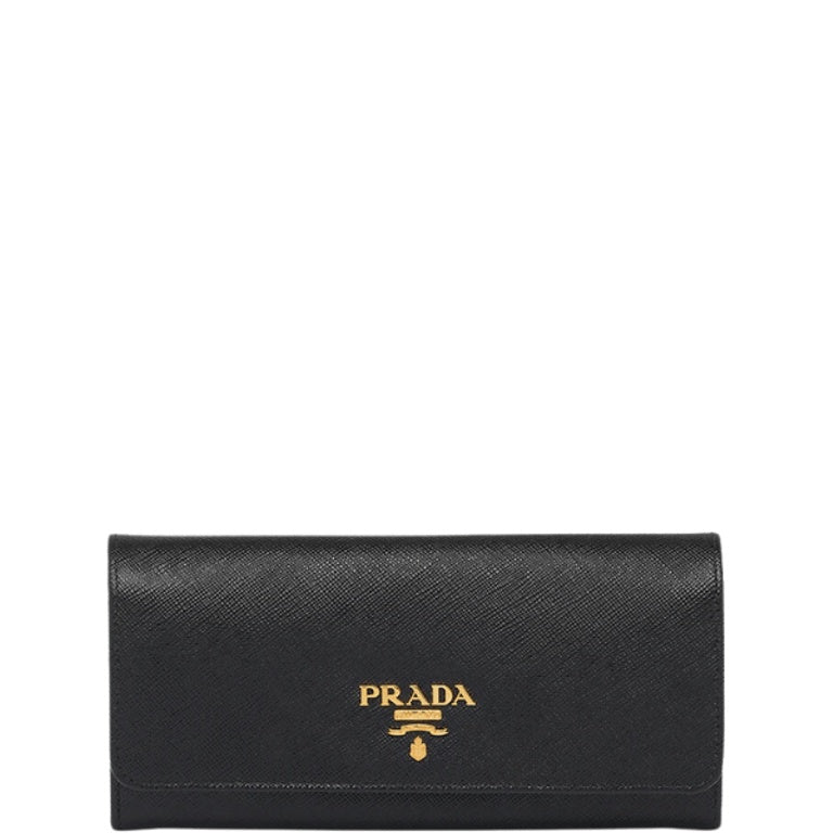 PR SAFFIANO LEATHER FLAP LONG WALLET BLACK AND GOLD 19CM 1MH132 ZLP F061H
