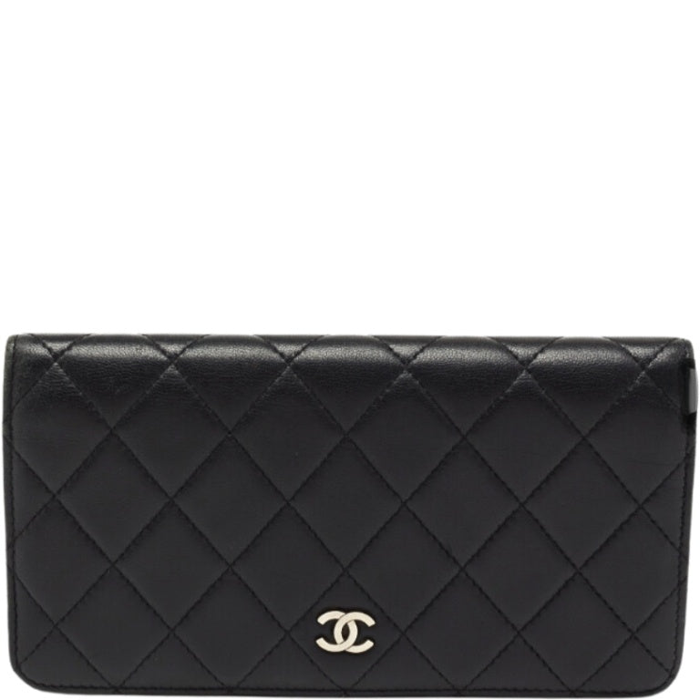 Chanel CHL BLACK QUILTED  CLASSIC LONG FLAP WITH SILVER HARDWARE WALLET 19.5CM