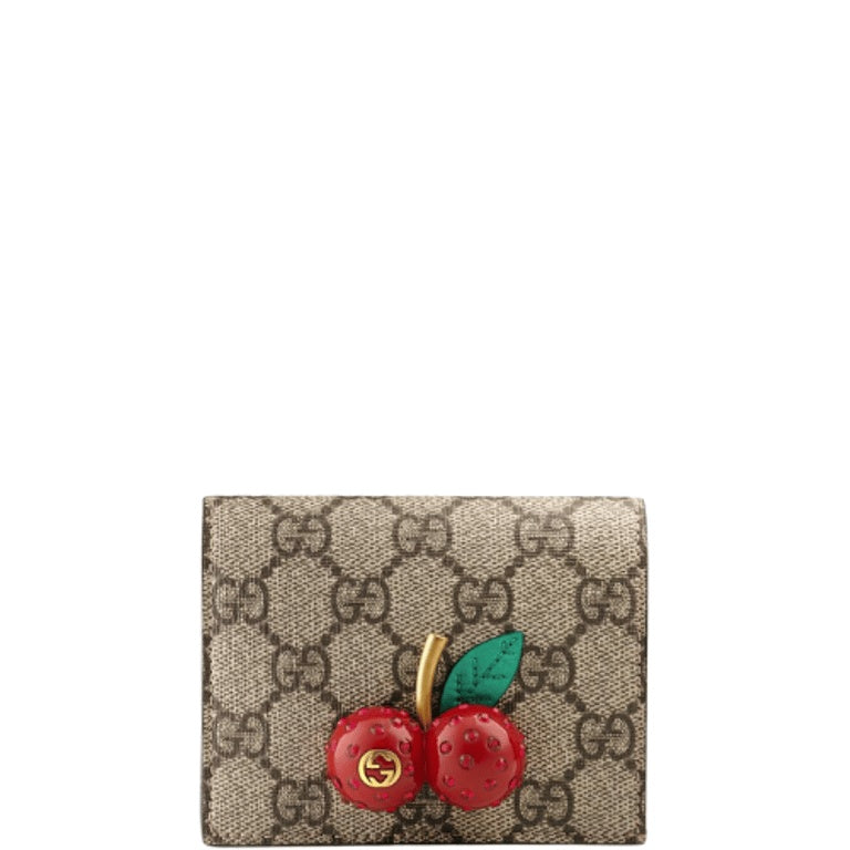 Gucci SUPREME CANVAS CARD CASE WALLET WITH CHERRIES RED LEATHER INSIDE 10CM 476050