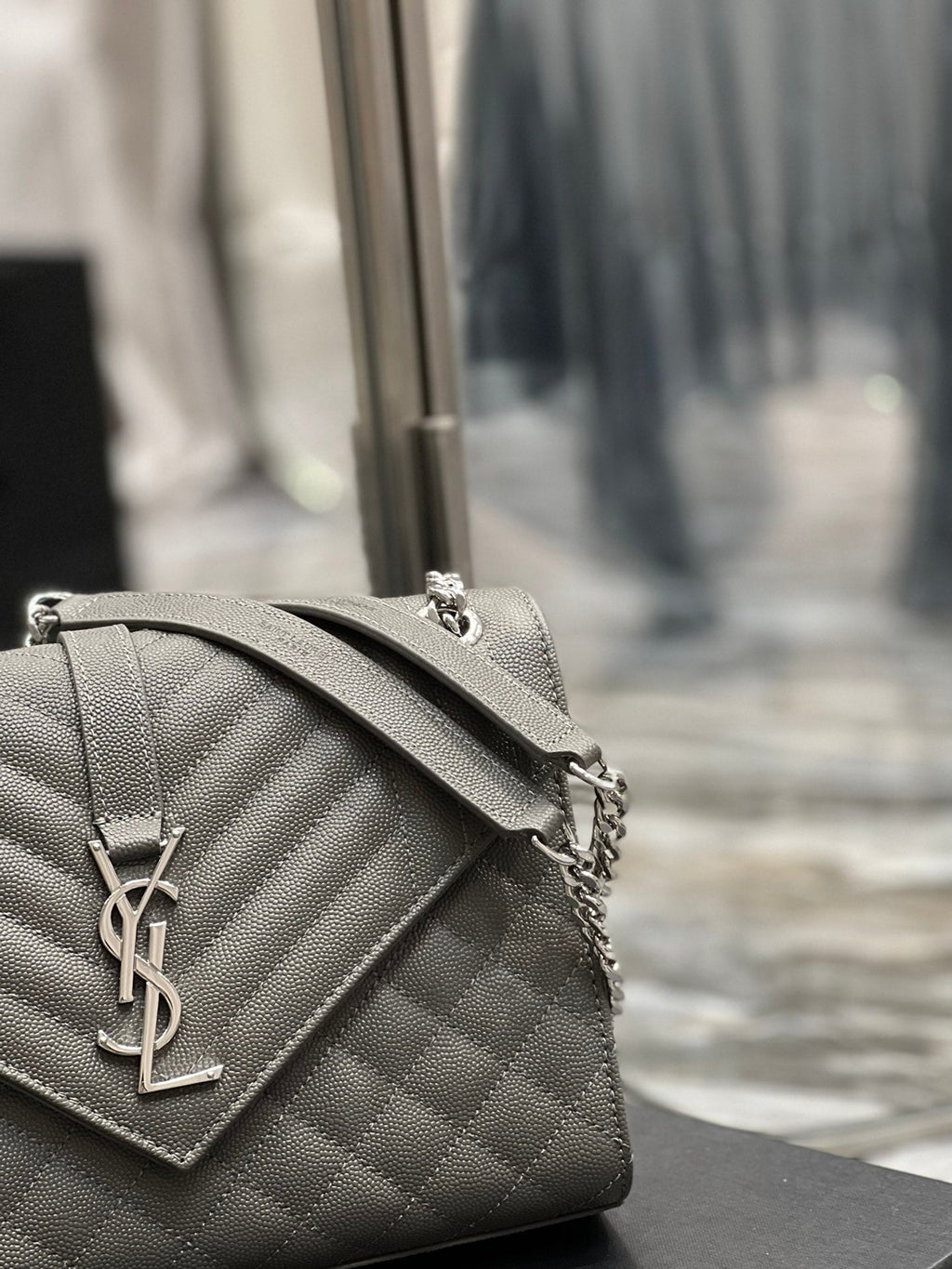 YSSL Envelope Medium Chain Bag Dark Grey For Women, Women’s Bags 9in/24cm YSL