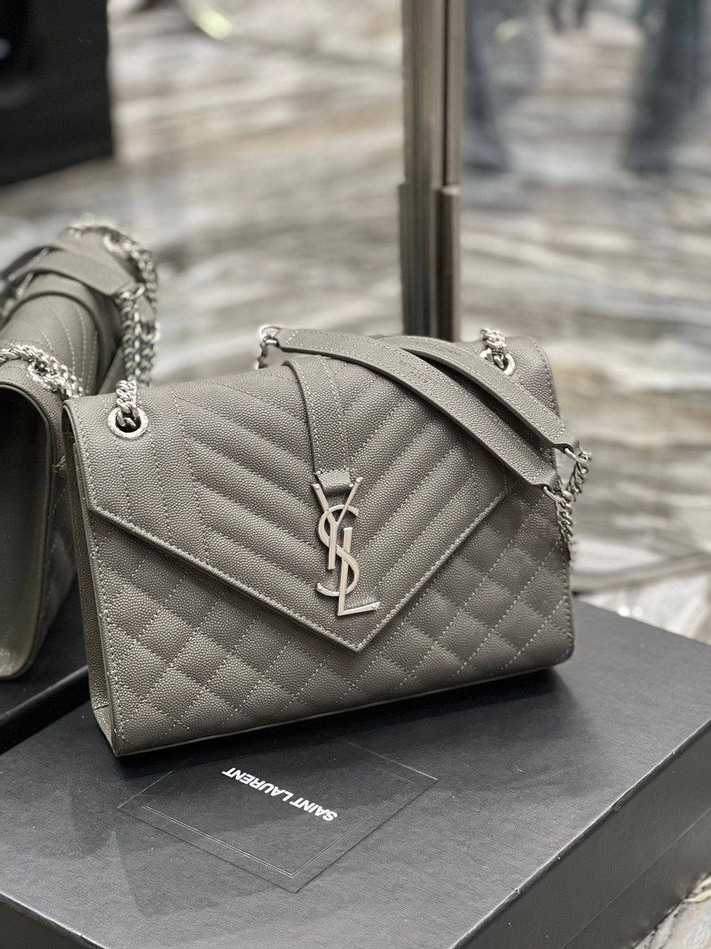 YSSL Envelope Medium Chain Bag Dark Grey For Women, Women’s Bags 9in/24cm YSL