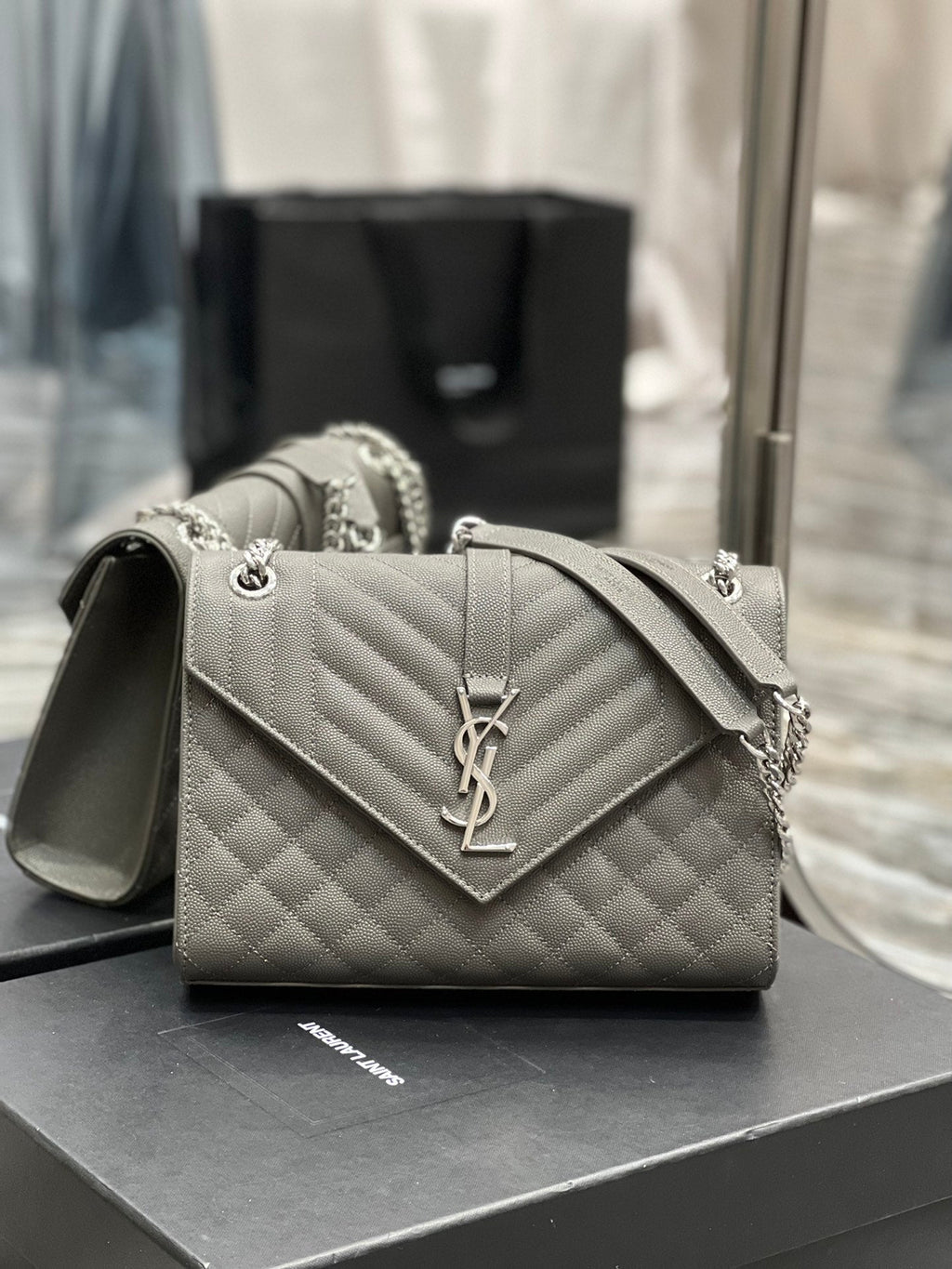YSSL Envelope Medium Chain Bag Dark Grey For Women, Women’s Bags 9in/24cm YSL