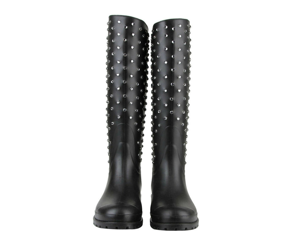 Saint Laurent Women's Black Rubber Rain Boots With Crystal Studs (35 EU / 5 US)