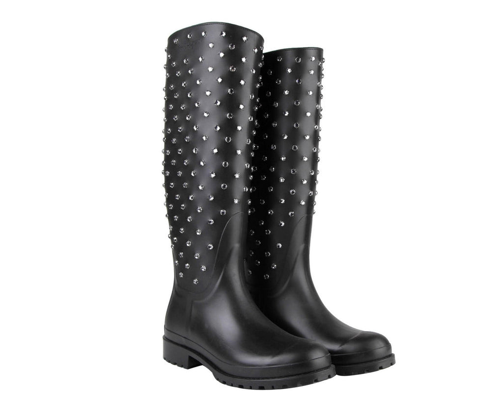 Saint Laurent Women's Black Rubber Rain Boots With Crystal Studs (35 EU / 5 US)
