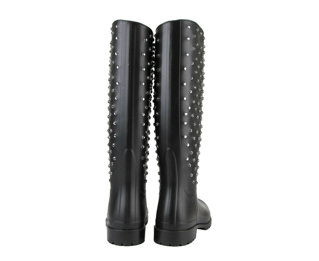 Saint Laurent Women's Black Rubber Rain Boots With Crystal Studs (35 EU / 5 US)