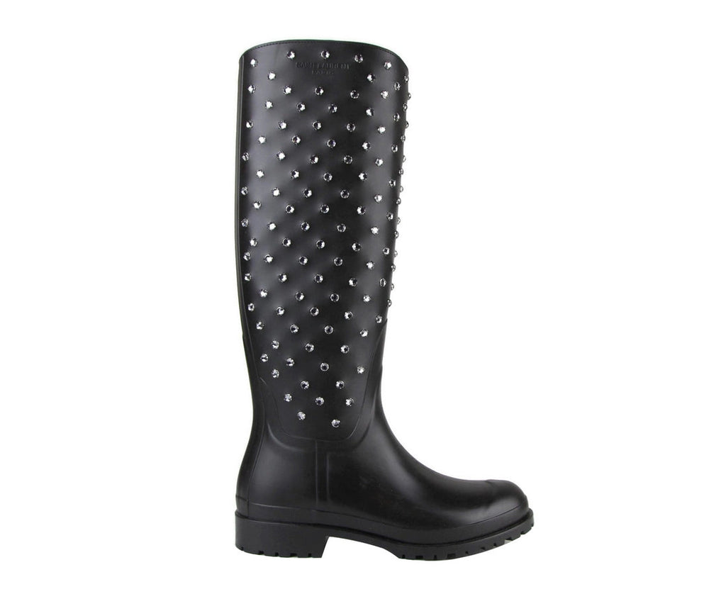 Saint Laurent Women's Black Rubber Rain Boots With Crystal Studs (35 EU / 5 US)