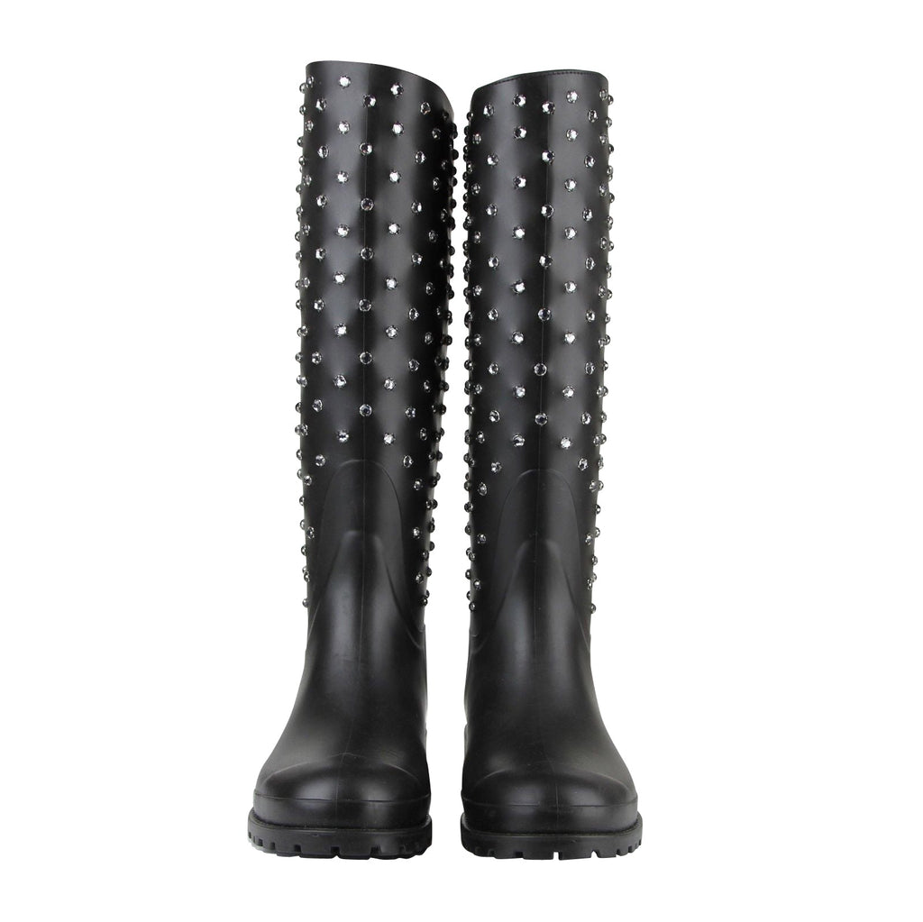 Saint Laurent Women's Black Rubber Women Rain Boots With Crystal Studs (36 EU / 6 US)