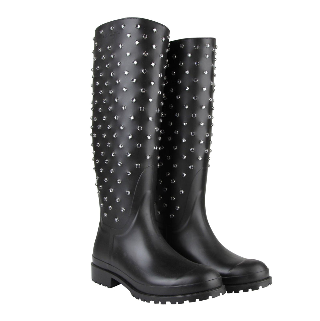 Saint Laurent Women's Black Rubber Women Rain Boots With Crystal Studs (36 EU / 6 US)
