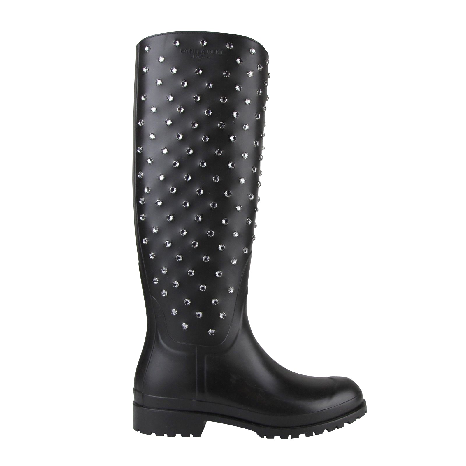 Saint Laurent Women's Black Rubber Women Rain Boots With Crystal Studs (36 EU / 6 US)