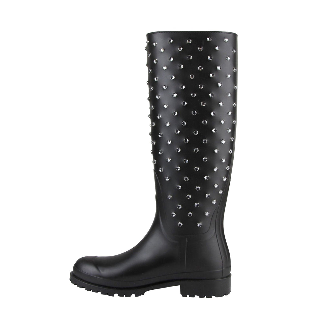 Saint Laurent Women's Black Rubber Women Rain Boots With Crystal Studs (36 EU / 6 US)