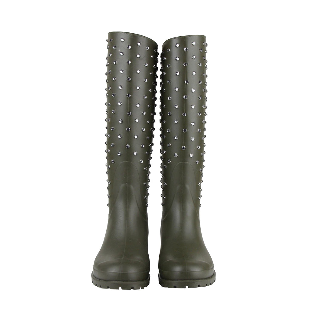 Saint Laurent Women's Diamond Studs Olive Green Rubber Rain Boots