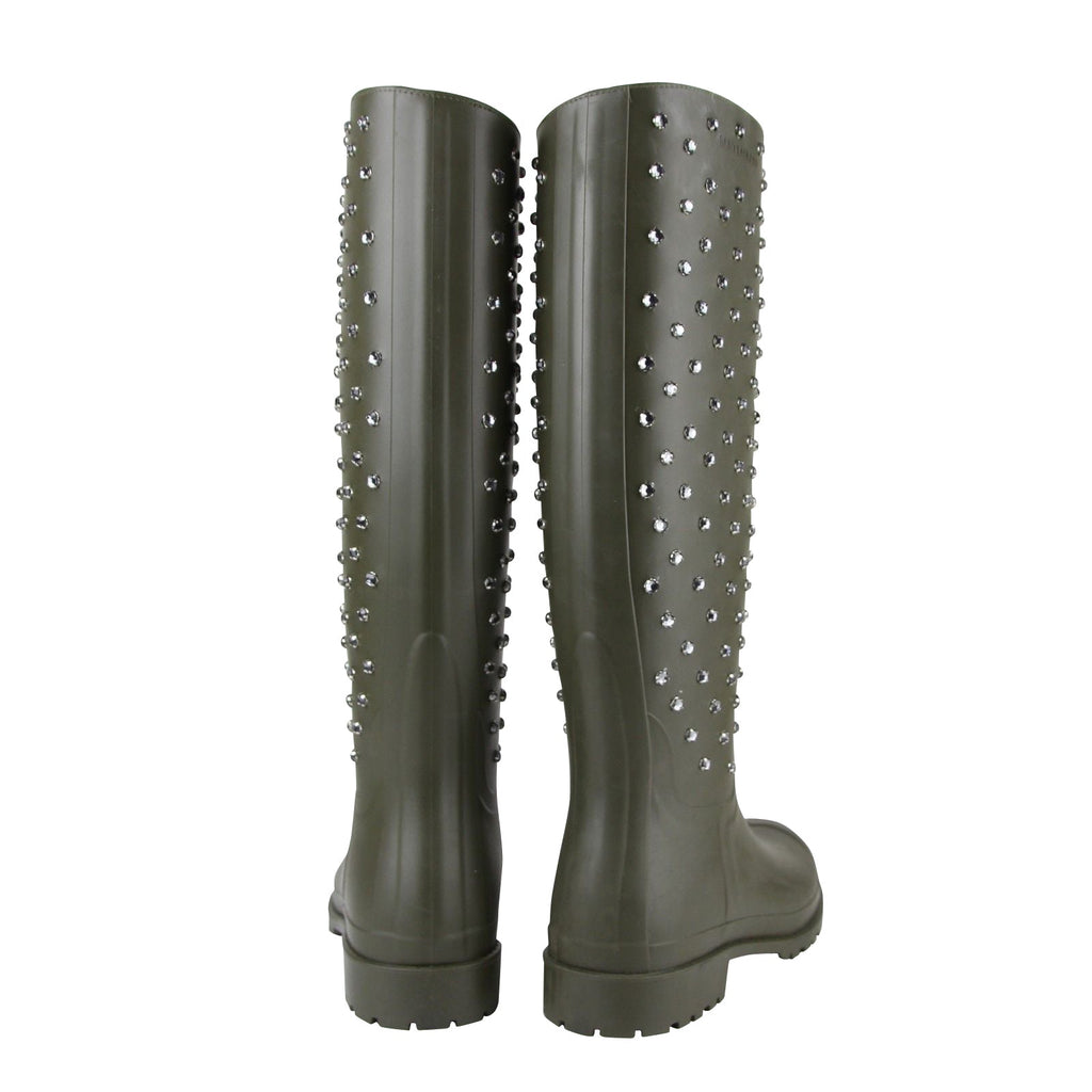 Saint Laurent Women's Diamond Studs Olive Green Rubber Rain Boots