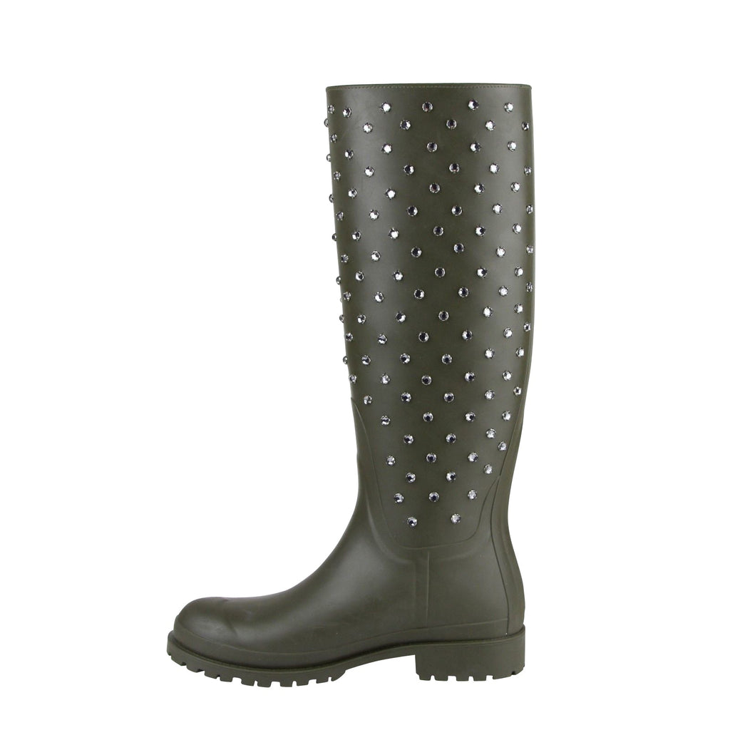 Saint Laurent Women's Diamond Studs Olive Green Rubber Rain Boots